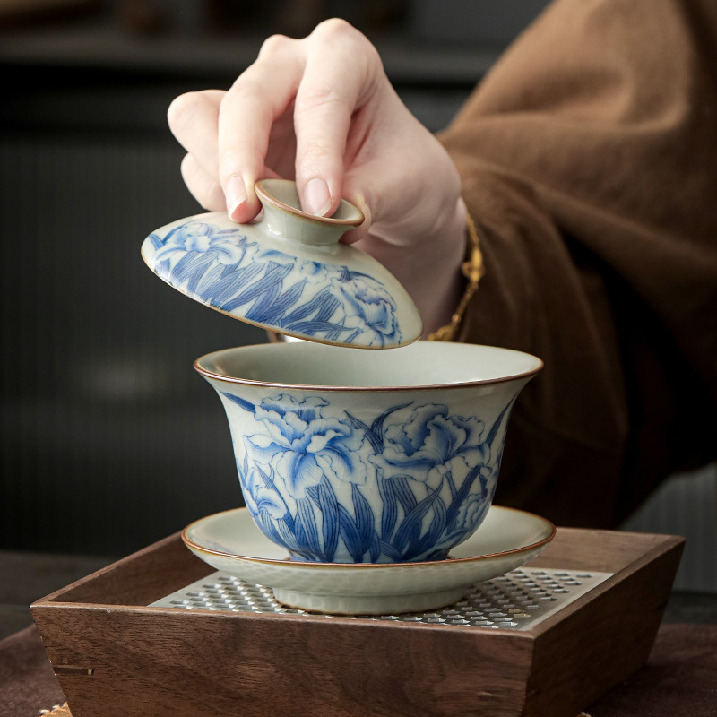 Bát trà có nắp lò Ru màu xanh và trắng, ấm trà đơn cao cấp, ấm cầm tay, bộ trà du lịch gia dụng, bát trà chống bỏng có nắp