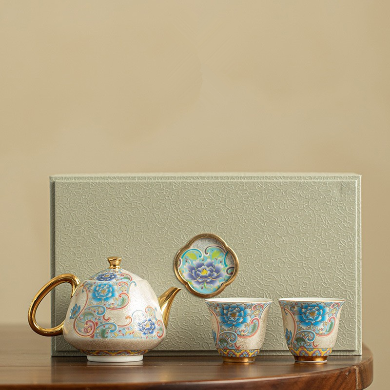 Ấm pha trà một ấm hai cốc tráng men Bộ trà Kung Fu du lịch cloisonné bạc cầm tay cốc trà hộp quà cao cấp