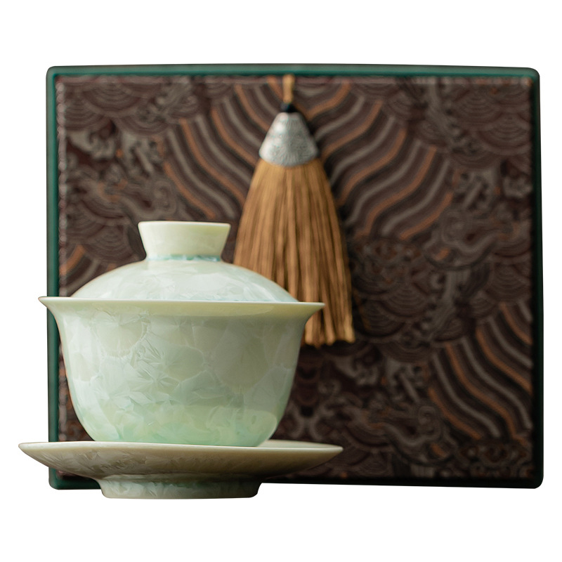 Lò nung kết tinh bát có nắp ba tài dụng cụ trà Kung Fu cốc trà lớn có nắp dụng cụ pha trà đơn bát trà hộp quà