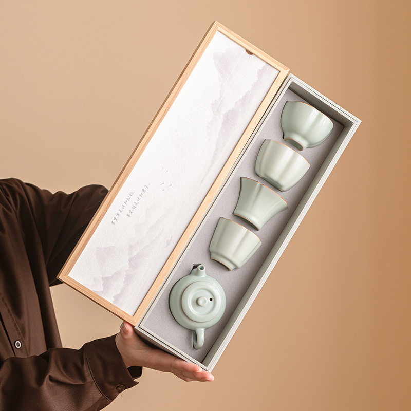 Bộ dụng cụ trà Kung Fu một ấm bốn cốc ở lò Ru, ấm trà cao cấp gia dụng, cốc trà, cốc chủ nhân, hộp quà lưu niệm