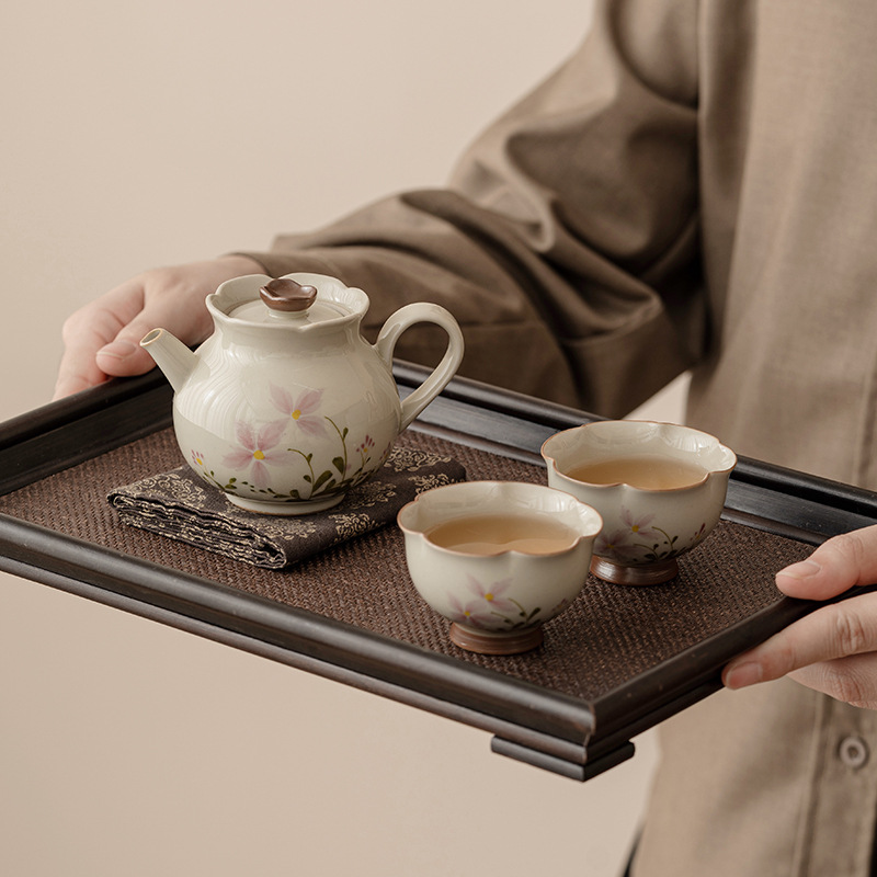 Bộ trà Kung Fu gốm sứ xám hoa cúc nhỏ gia dụng bộ trà du lịch xách tay ngoài trời một bình hai cốc