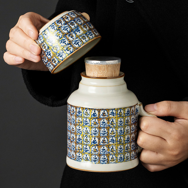 Ấm đun nước nghìn phật Ru Kiln cốc pha trà cốc uống nước cốc uống trà dung tích lớn văn phòng gia dụng cốc trà có nắp