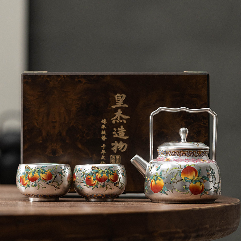 Zhou Hongjie Nine Peach Five Blessings Ấm trà khảm bạc với một nồi và hai cốc Bộ trà Kung Fu công suất lớn cao cấp.