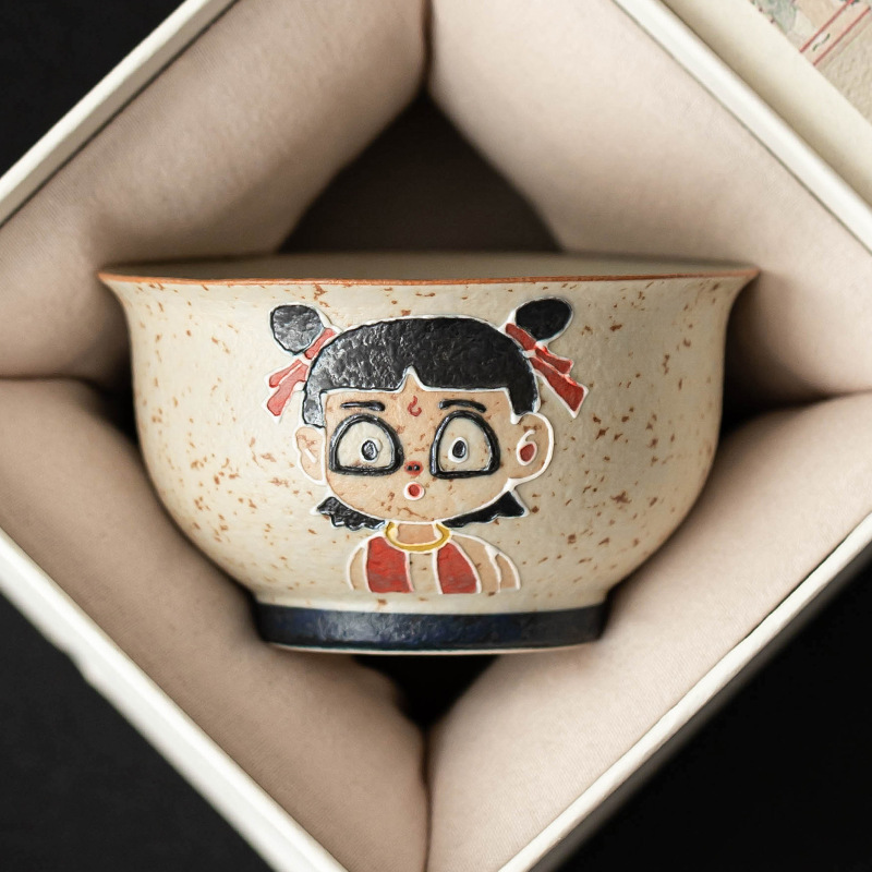 Cốc trà gốm đá lửa trắng xanh cốc chủ nhân cốc đơn bộ trà gia dụng cốc uống trà một người cốc trà sáng tạo cốc trà Nezha