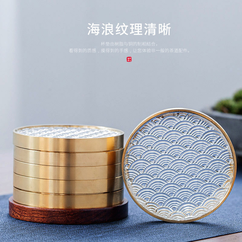 6 bộ đế lót ly gỗ Đàn hương đen, lót ly trà thủy tinh dát đồng thau, lót cách nhiệt hình tròn, Phụ Kiện Bộ trà khay trà kiểu Trung Quốc