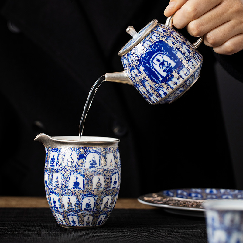 He Fusen màu xanh và trắng mạ bạc Đôn Hoàng Ngàn Phật ấm trà Bộ ấm trà Quà tặng sinh nhật cho người lớn tuổi