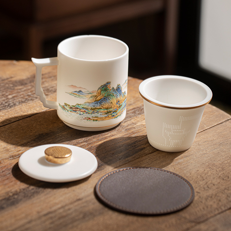 Cốc văn phòng bằng sứ ngọc có nắp của Li Tuting, cốc trà tách nước, cốc hội nghị phong cách Trung Quốc theo xu hướng quốc gia, cốc hội nghị phong cách Trung Quốc theo xu hướng quốc gia.