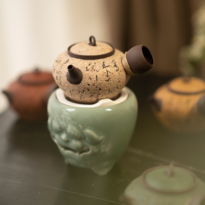 Ấm đun trà bằng đất sét kiểu Nhật, bếp than, dụng cụ pha trà Kung Fu, tay cầm bên, Bộ ấm đun trà cát tím, ấm đun trà quanh bếp