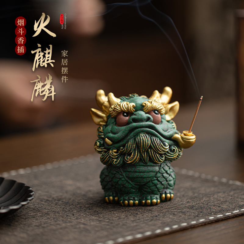 Đồ trang trí giá đỡ hương thơm bằng đá sa thạch xanh sáng tạo chữa cháy ngọn lửa Kirin