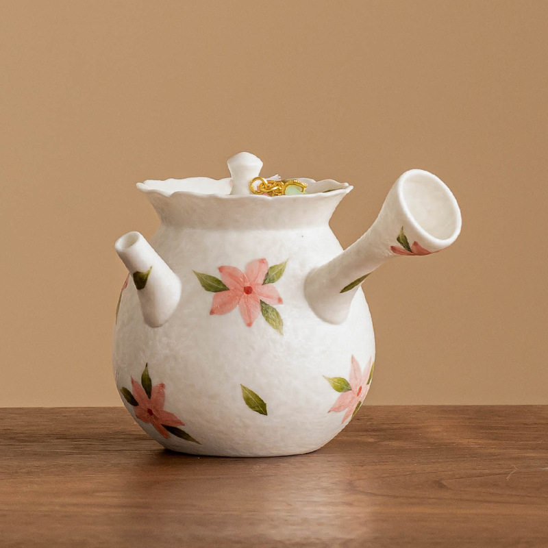 Ấm trà tay cầm bên hoa anh đào trắng mỏ đá ấm trà pha trà tay chống bỏng tinh xảo cao cấp ấm trà gốm sứ gia dụng dụng cụ trà kungfu