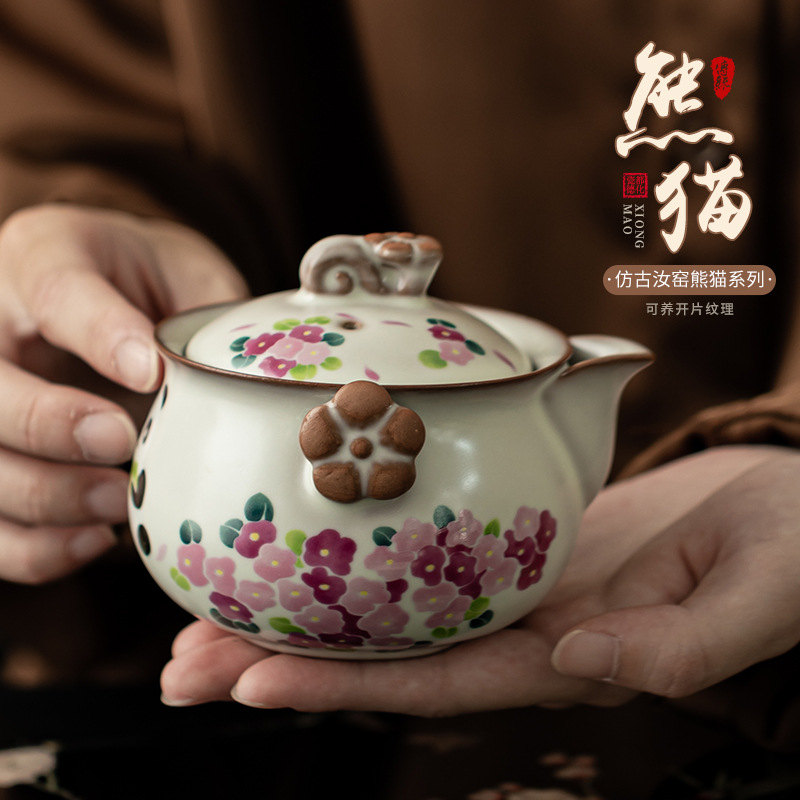 Ấm cầm tay gấu trúc Ru Kiln kiểu Trung Quốc ấm trà gốm sứ có thể nuôi ấm trà không nóng ấm đơn gia dụng hộp quà tặng