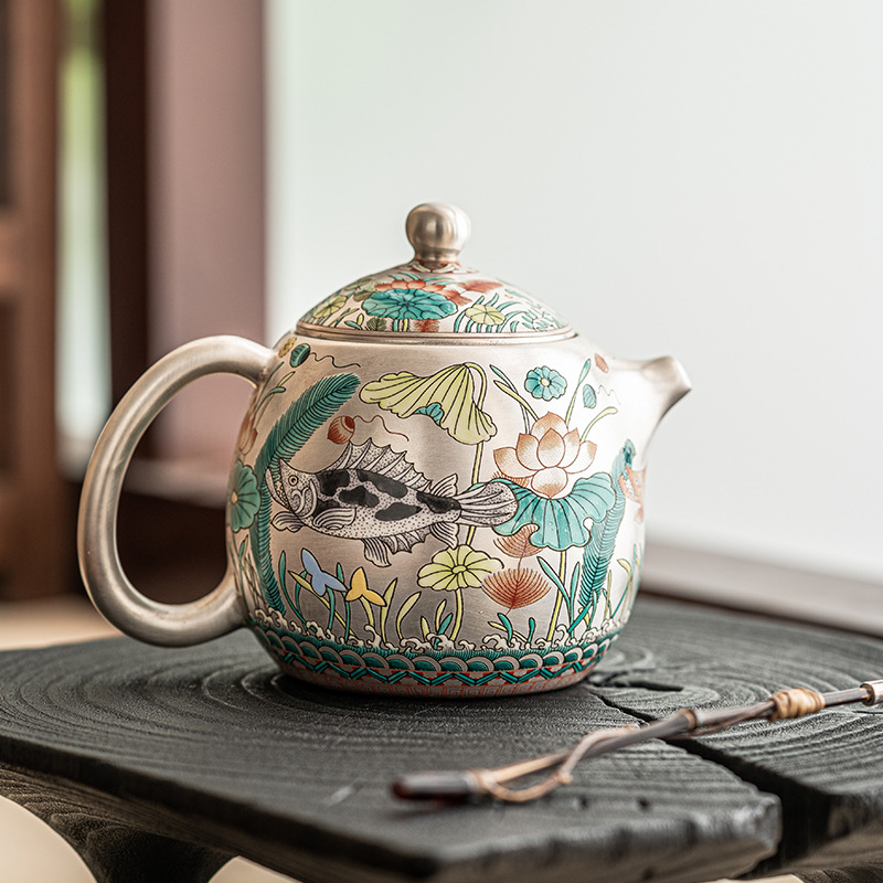 Ấm trà mạ bạc 999 hoa văn tảo trà ấm đơn lọc gia dụng ấm trà Bộ trà Kung Fu cao cấp Trung Quốc ấm Trứng Rồng