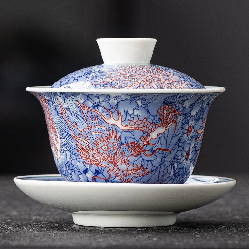 Bát trà đơn sứ trắng xanh cổ điển bát trà tam tài kính bát có nắp gốm sứ bộ trà Kung Fu gia dụng gốm sứ cỡ lớn