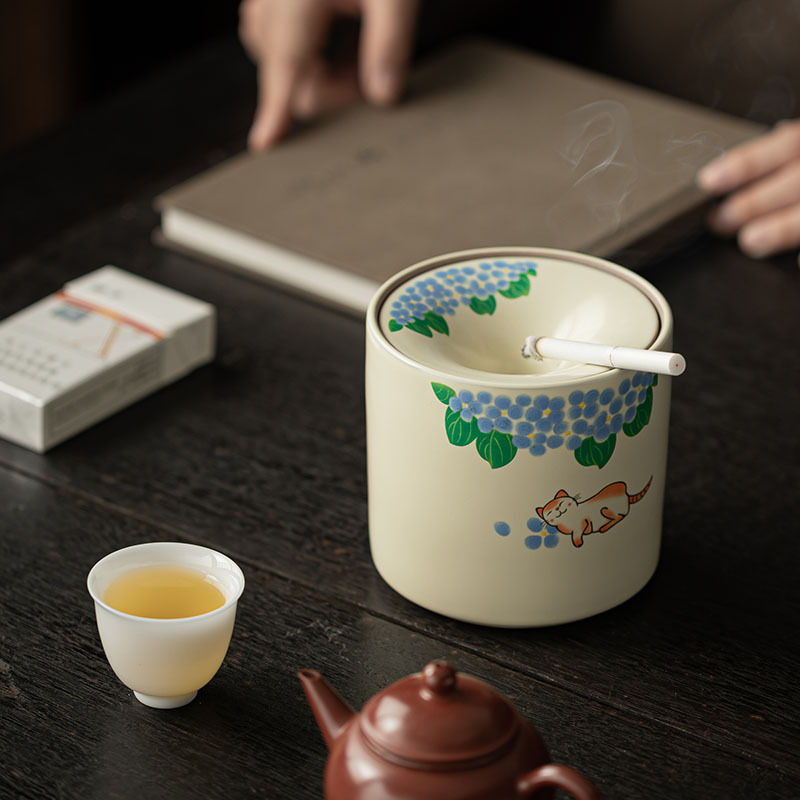 Gạt tàn bếp gốm sứ chống bay sáng tạo có nắp đậy, gạt tàn, gạt bã trà, phụ kiện trang trí bàn trà