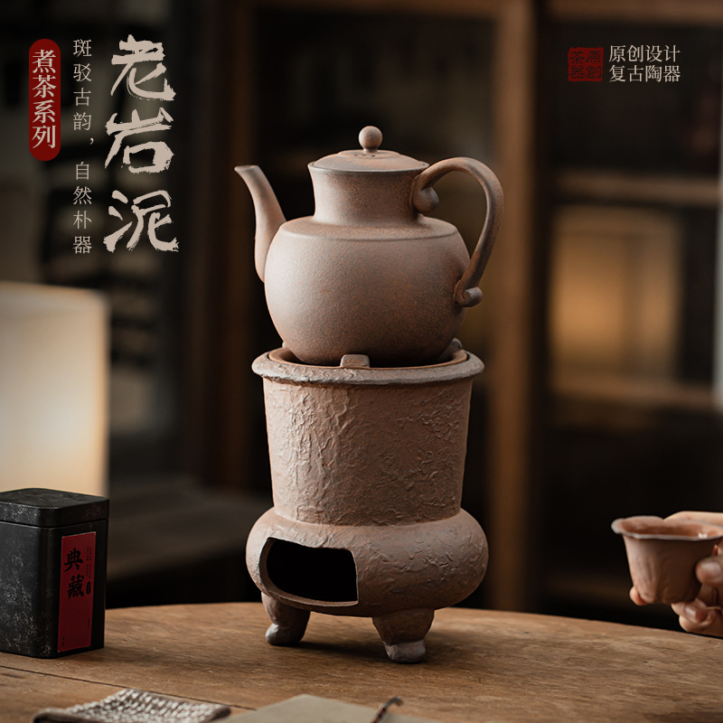 Bếp trà bùn đá cũ, bếp pha trà, ấm trà bằng đá cổ điển, ấm trà, đế sưởi nến, bộ ấm trà gia đình
