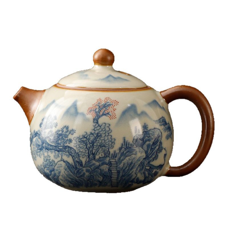 Bộ ấm chén trà Kung Fu hoa Ruyao nhỏ, một ấm bốn chén, dùng cho nhà ở, khách sạn, kiểu cổ điển Trung Hoa, màu xanh trắng.