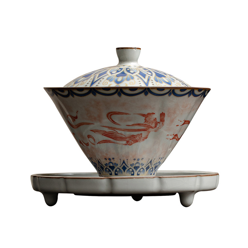 Dunhuang Feitian Mũ Nắp Bát Giả Song Ru Lò Sancai Nắp Bát Gia đình Gốm sứ Kung Fu Bộ trà Bát trà Hộp quà
