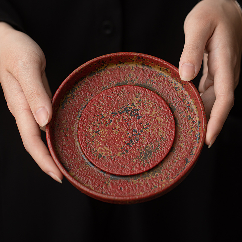 Khay đựng ấm trà kiểu cổ điển Trung Quốc, chất liệu đất sét đỏ núi đá cũ, nhỏ gọn, dùng trong gia đình, phụ kiện trà đạo.