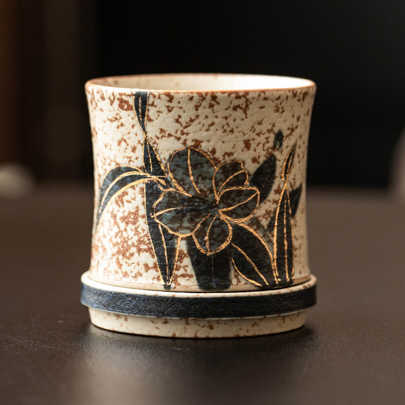 Cốc trà gốm sứ lớn cao cấp cốc chủ nhân màu xanh và trắng đá lửa đỏ vẽ tay hoa huệ quay cốc uống trà cốc trà
