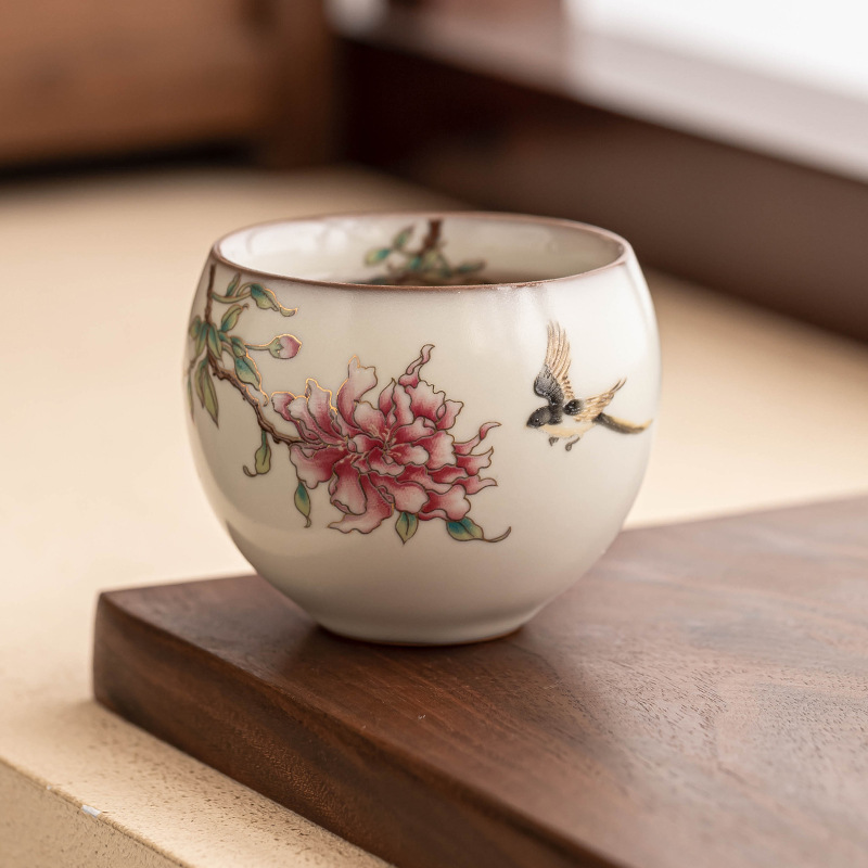 Cốc trà Ruyao cốc chủ nhân mỡ lợn đông lạnh hoa mẫu đơn hoa trứng rồng cốc trà cốc gốm sứ gia dụng cốc trà đơn trà Kung Fu