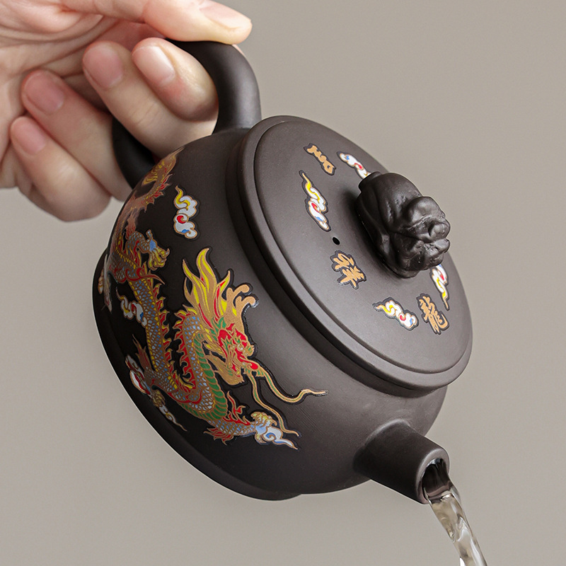 Bộ trà kung fu phượng hoàng và rồng màu tím đổi màu, bộ trà kung fu Xishi, ấm trà nóng khi tiếp xúc với nước, hộp quà dung tích lớn.