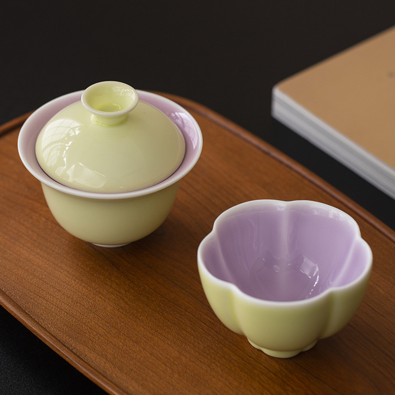 Đồ gốm thủ công tráng men màu tinh khiết bát hai tài cốc trà nhỏ bộ trà kungfu nữ văn nhân đơn giản kiểu Nhật dụng cụ pha trà