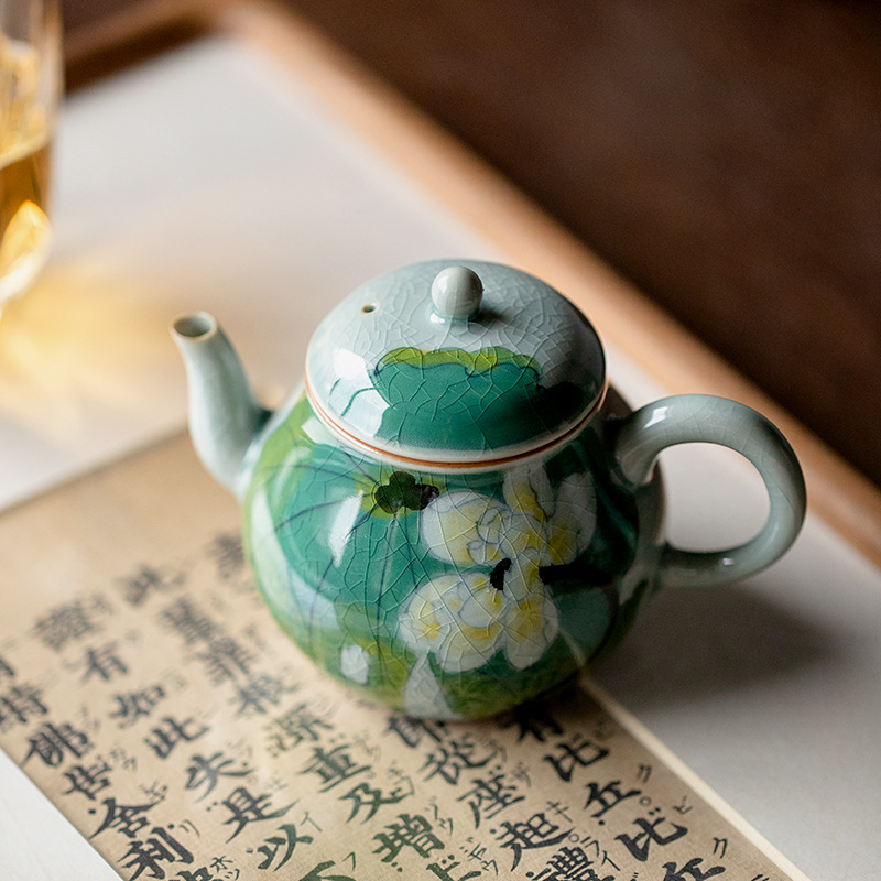 Ấm trà gốm hoa sen mùa hè vẽ tay tinh khiết tráng men borneol ấm đơn ấm trà hình quả lê cổ điển gia dụng ấm pha trà công phu ấm trà