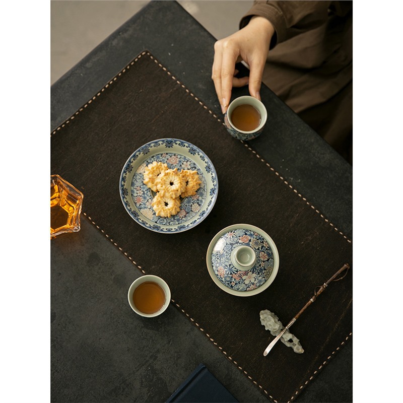 Bát trà cốc trà cốc tráng men màu xanh lam bát trà cao cấp có nắp Bộ trà Kung Fu cỡ lớn gia dụng