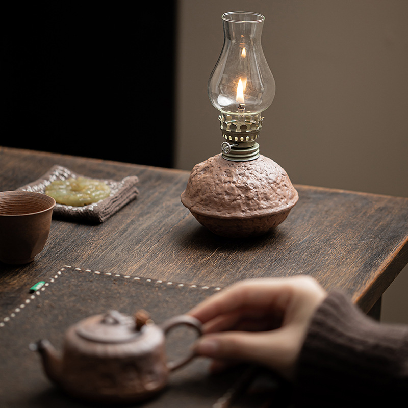 Đèn bơ gốm thô cổ điển phụ kiện bộ trà bùn đá cũ đồ trang trí trang trí để bàn nhà phòng trà đèn ngủ