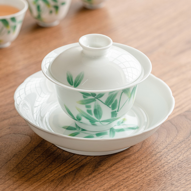 Bát trà lớn màu xám thực vật có nắp vẽ tay Lễ hội thời gian cao mưa có nắp chén trà dụng cụ trà kungfu gia dụng không nóng tay