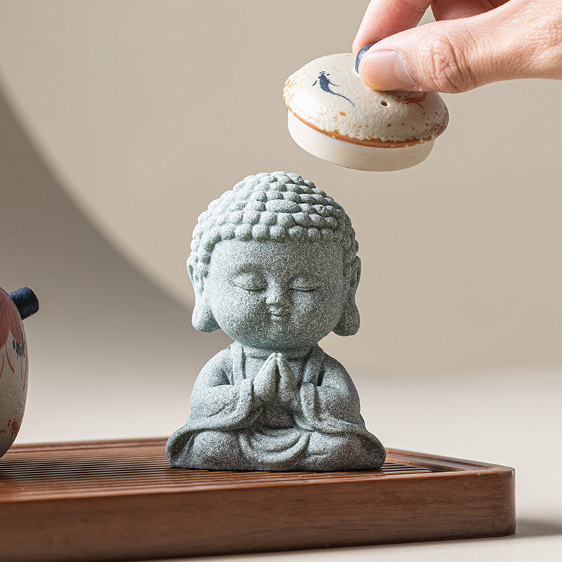 Đồ trang trí nhỏ ba vị Phật và thiền bằng đá xanh