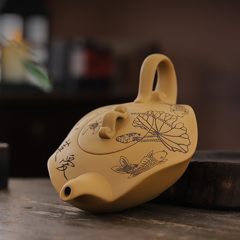 Ấm trà cát tím loại A, bộ trà, bình sen lá sen vàng cá tính, ấm trà cao cấp 350cc, hộp quà, ấm phượng