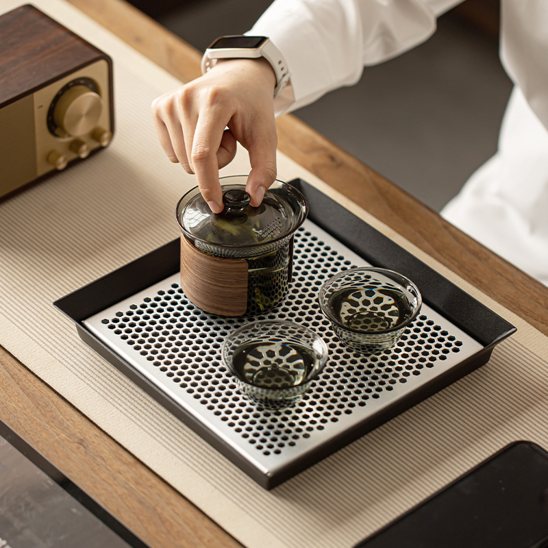Chậu vuông sắt rèn có khay trà khô, khay đựng nước và lọc trà, khay trà nhỏ kiểu Trung Quốc mới bằng nhôm