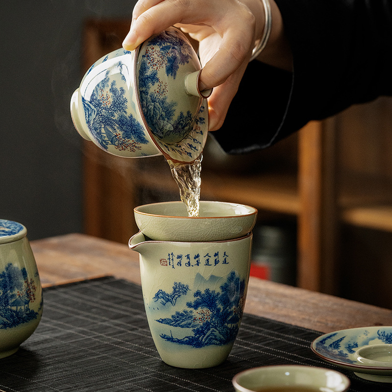 Câu chuyện đất sét vẽ tay phong cảnh đất sét cũ phong cảnh bộ ấm trà Kung Fu trọn bộ gia đình có nắp cốc trà hộp quà