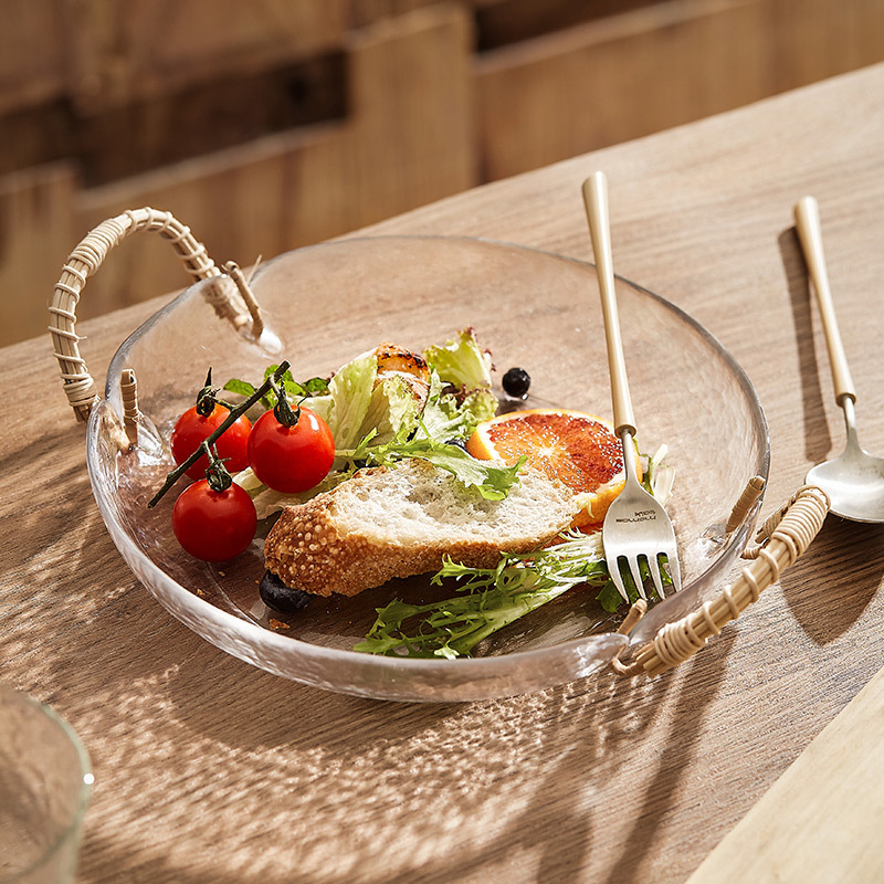 Đĩa thủy tinh mây đan thủ công Đĩa trái cây đĩa salad đồ ăn vặt cổ điển kiểu Nhật gia dụng phòng khách đĩa salad phong cách Instagram giá trị cao