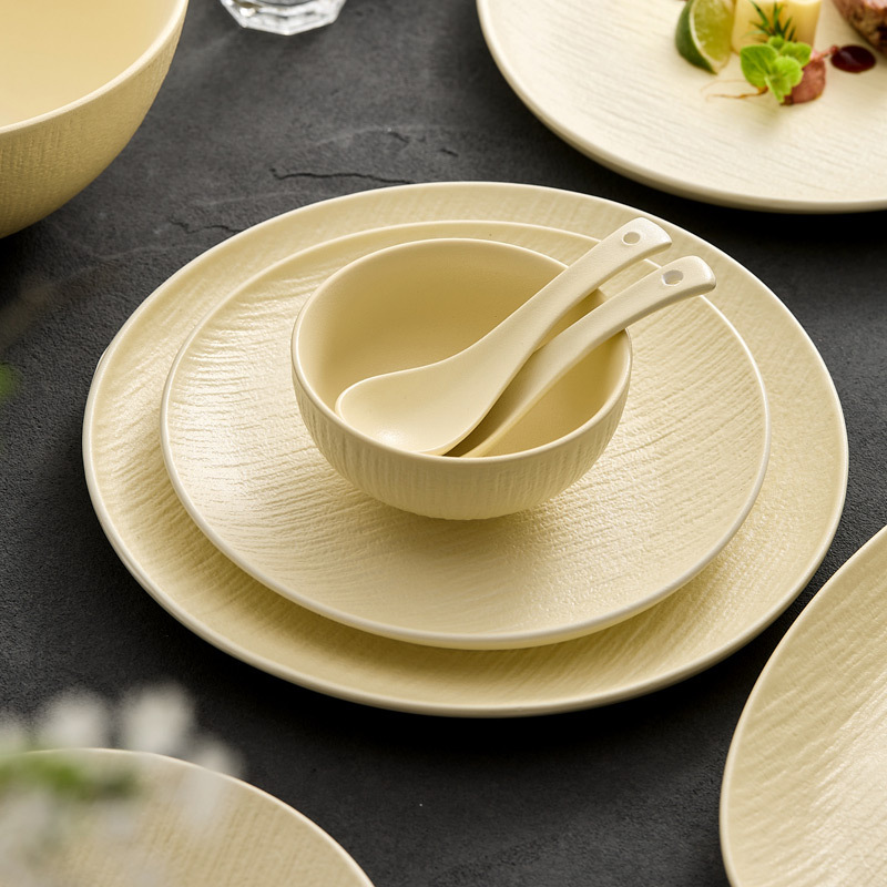 Bát đĩa cát lún màu be, bát đĩa, bát đĩa gia dụng, bát cơm gốm sứ kem, bát canh, bộ đồ ăn