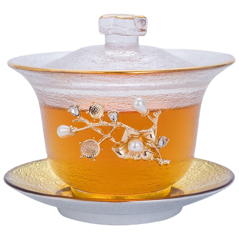 Bát có nắp thủy tinh dát thiếc kiểu Nhật, cốc trà, bát Trà Tam tài dày chịu nhiệt bằng vàng, Bộ trà Kungfu pha trà cỡ lớn