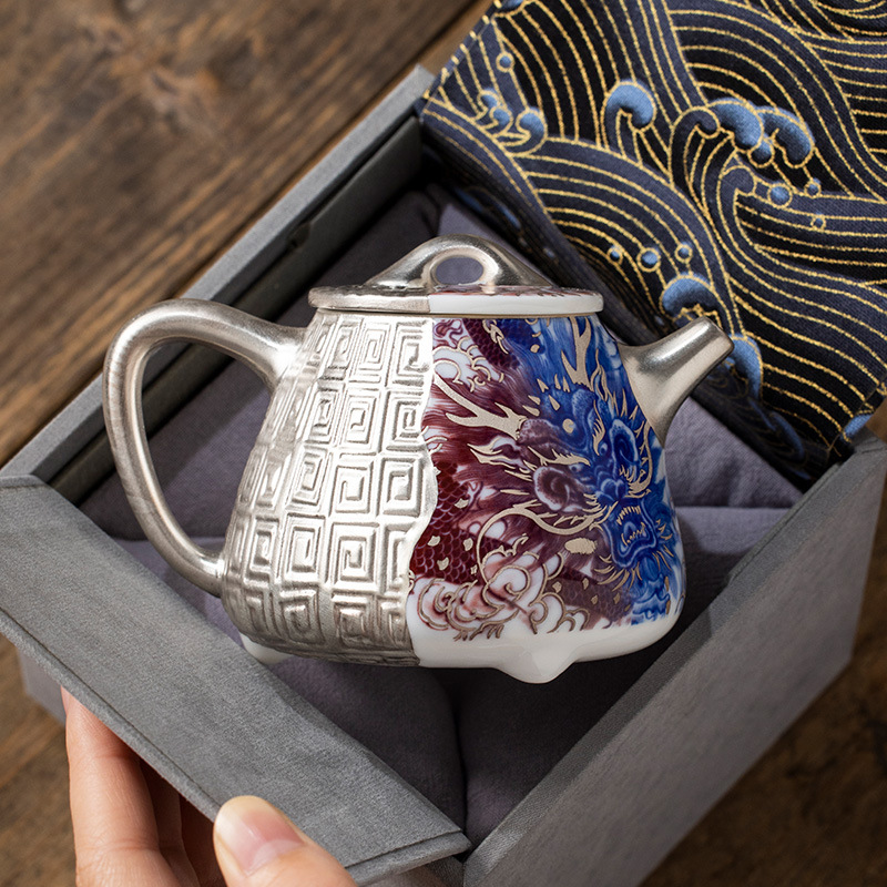 He Fusen mạ bạc màu xanh và trắng bộ ấm trà Longteng Sihai