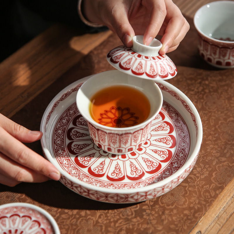 Cốc trà bát có nắp ba tài bằng gốm sứ xanh và trắng Jingdezhen Bộ trà bát pha trà Kung Fu cao cấp duy nhất bộ ấm trà