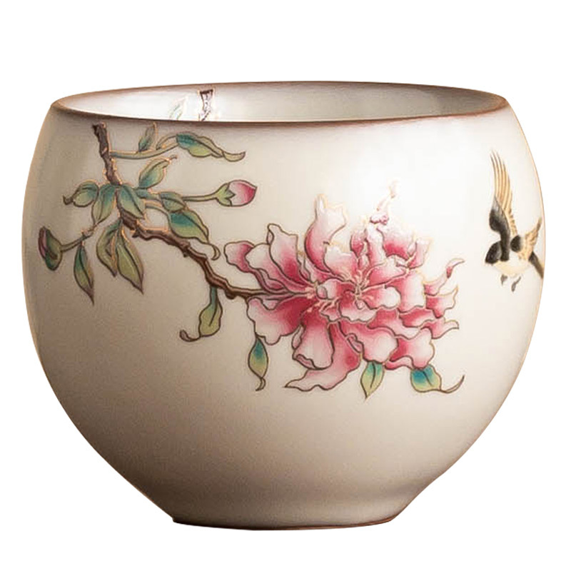 Cốc trà Ruyao cốc chủ nhân mỡ lợn đông lạnh hoa mẫu đơn hoa trứng rồng cốc trà cốc gốm sứ gia dụng cốc trà đơn trà Kung Fu