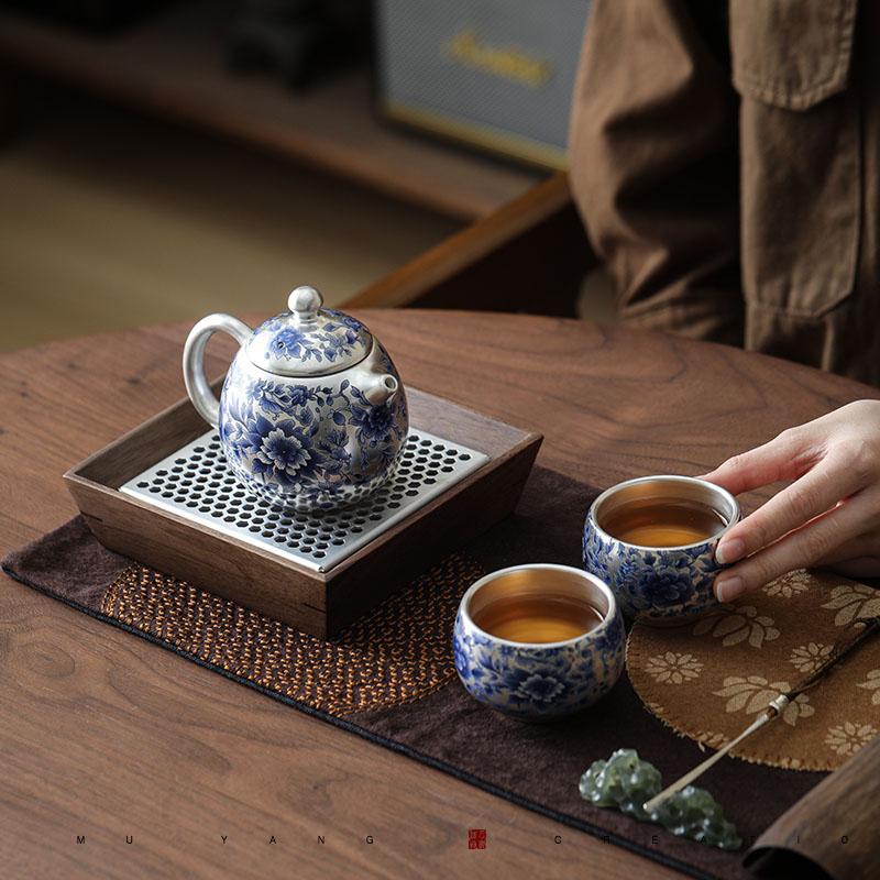 Bộ ấm trà Kung Fu hoa sen mạ bạc xanh trắng bộ ấm trà cao cấp Song Yu bạc bộ ấm trà sang trọng nhẹ