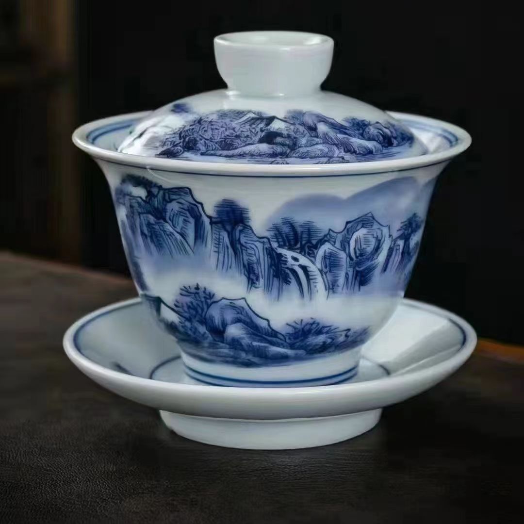 Bát Có Nắp gốm sứ Jingdezhen Bát Có Nắp sứ trắng xanh gia dụng Bát pha trà Bát có nắp tam tài cỡ lớn Cốc trà Kung Fu