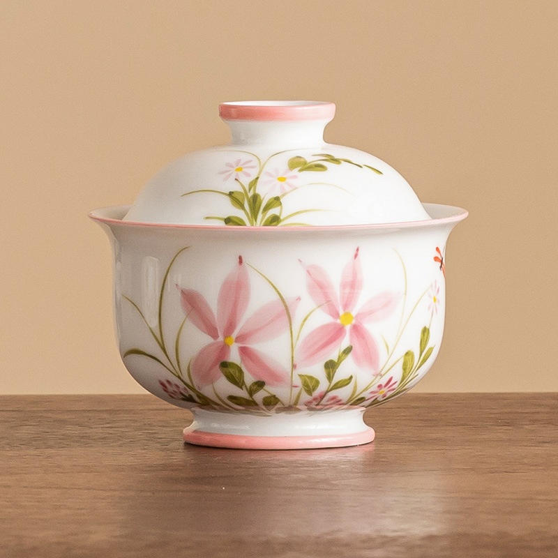 Cốc trà có nắp cao cấp, bát trà chuồn chuồn hoa cúc vẽ tay, bát trà gốm sứ gia dụng kiểu Trung Quốc có nắp, dụng cụ pha trà chống bỏng