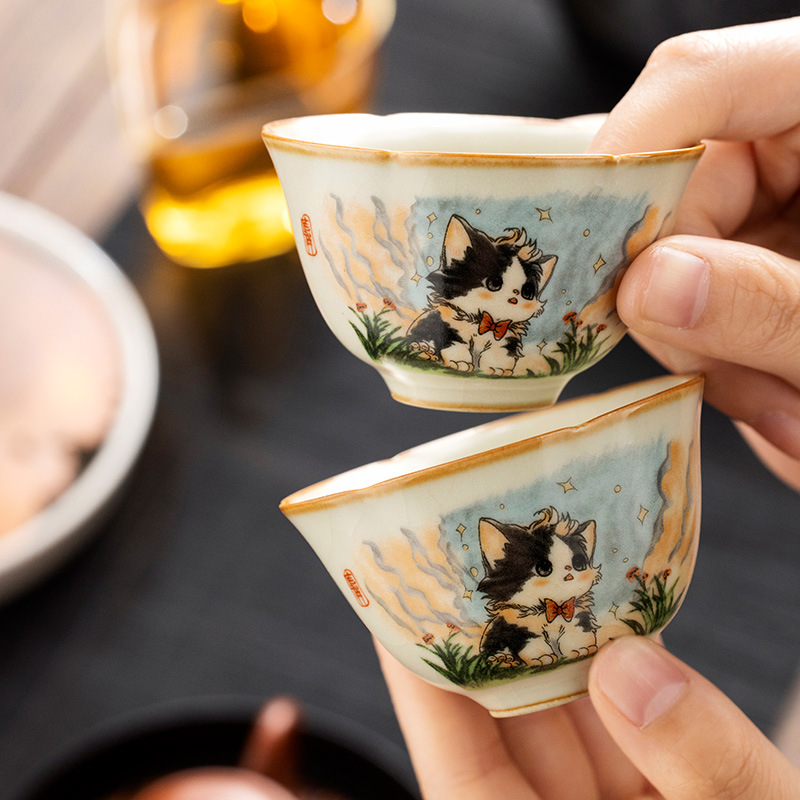 Cốc trà miệng mèo dễ thương Ruyao cốc chủ sở hữu cốc gốm sứ đặc biệt cá nhân cốc trà mở cốc trà men đá nứt