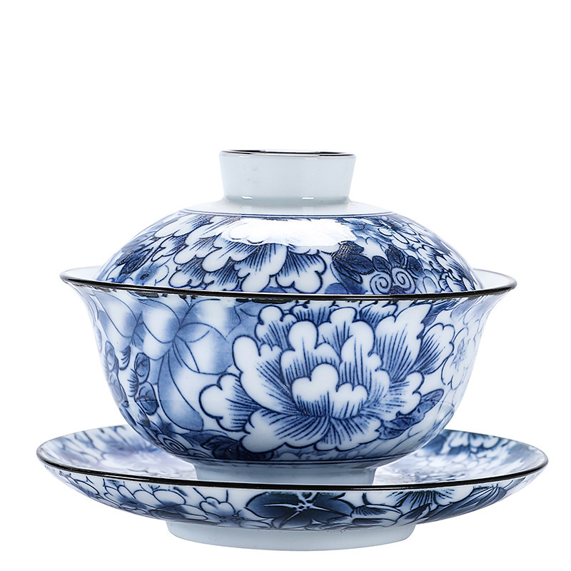 Sancai có nắp bát gốm sứ có nắp bát trà cốc trà Kung Fu trà bát trà màu xanh và trắng tách trà cá nhân cổ điển