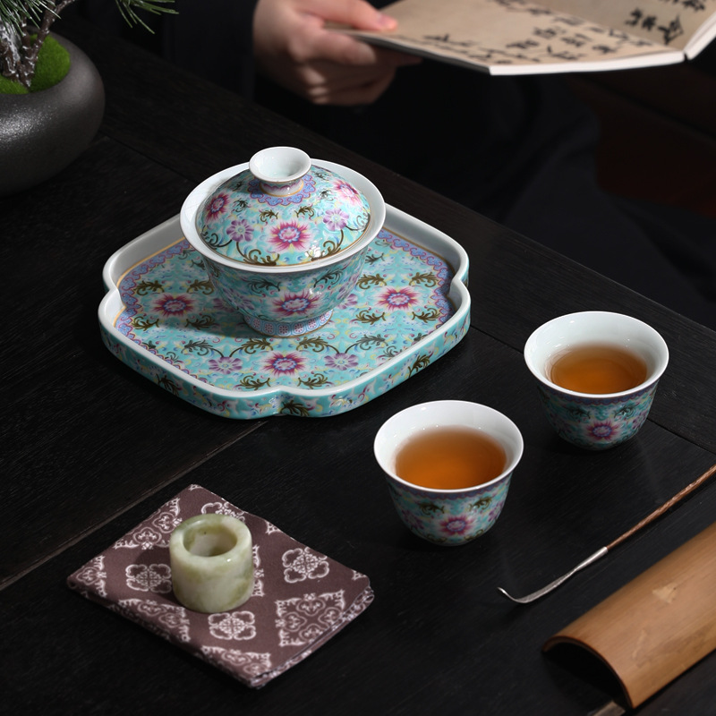 Bộ ấm chén trà gốm sứ cao cấp kiểu cung đình Sancai, bộ ba món, kiểu gaiwan