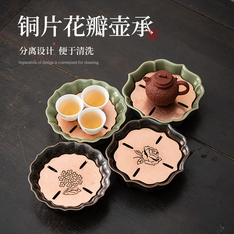 Ấm cánh hoa đồng thau cổ điển men ngọc, khay đựng trà gốm, khay đựng trà khô, khay đựng trà nhỏ, khay đựng trà, khay đựng trà