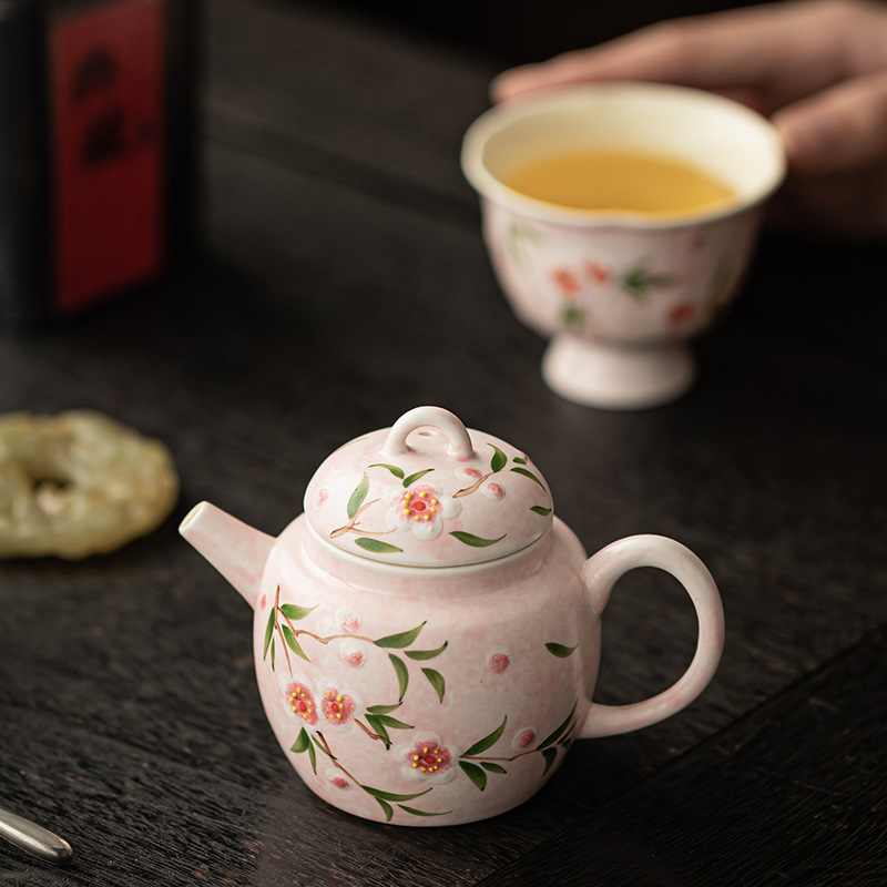 Bộ ấm chén trà Kung Fu gốm sứ nhỏ họa tiết hoa đào vẽ tay, hộp quà tặng