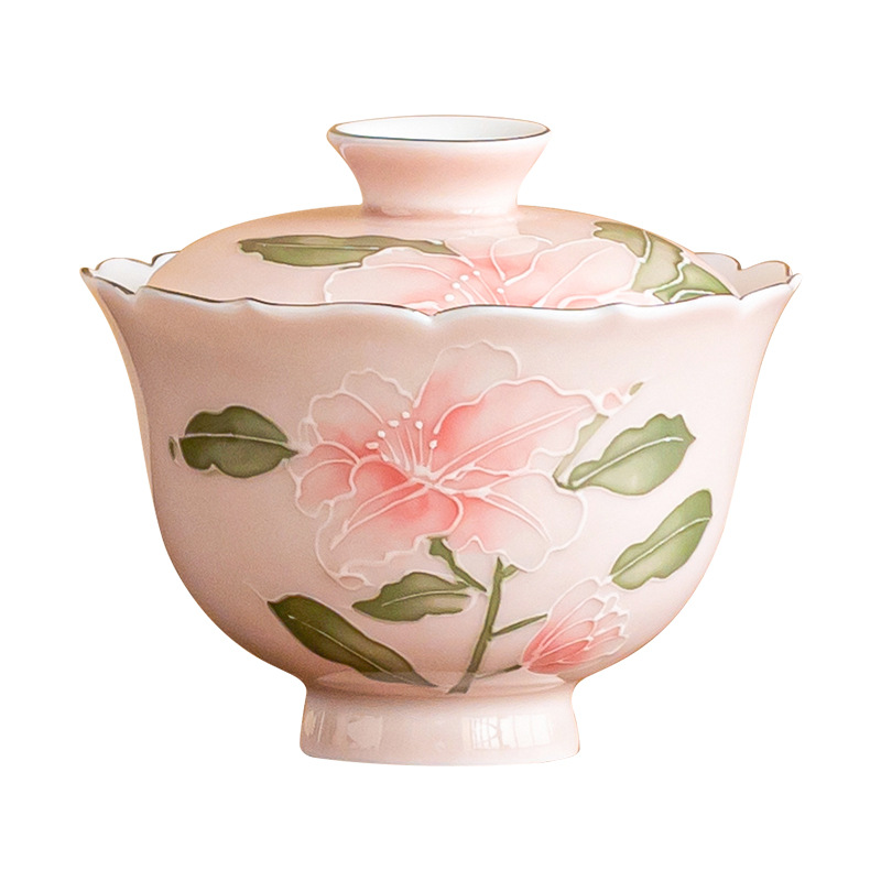 Bát trà cá nhân họa tiết hoa huệ hồng chạm khắc thủ công, dành cho nữ, bộ ấm trà gia dụng tinh tế có nắp