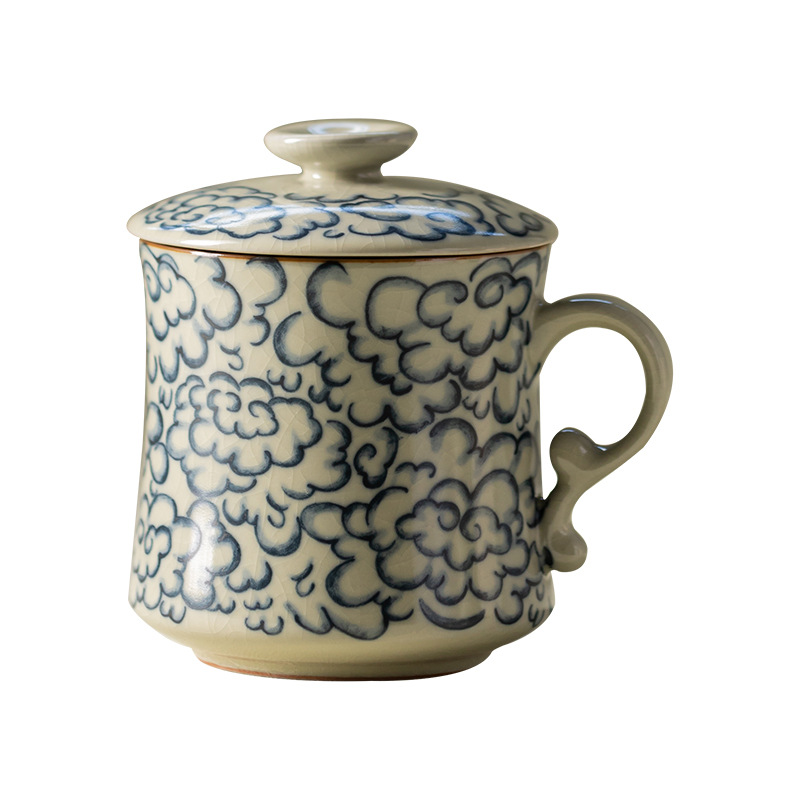 Ly sứ uống trà kiểu cổ Ru Kiln hình mặt trăng lưỡi liềm, có nắp, tách trà nước rời, có thể tháo rời.